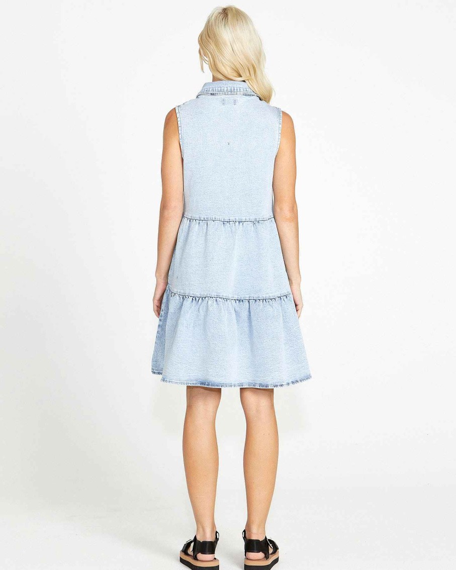 Clothing Sass Clothing | Kellie Sleeveless Button Up Tiered Denim Mini Dress Pale Blue Stone 95 Wash