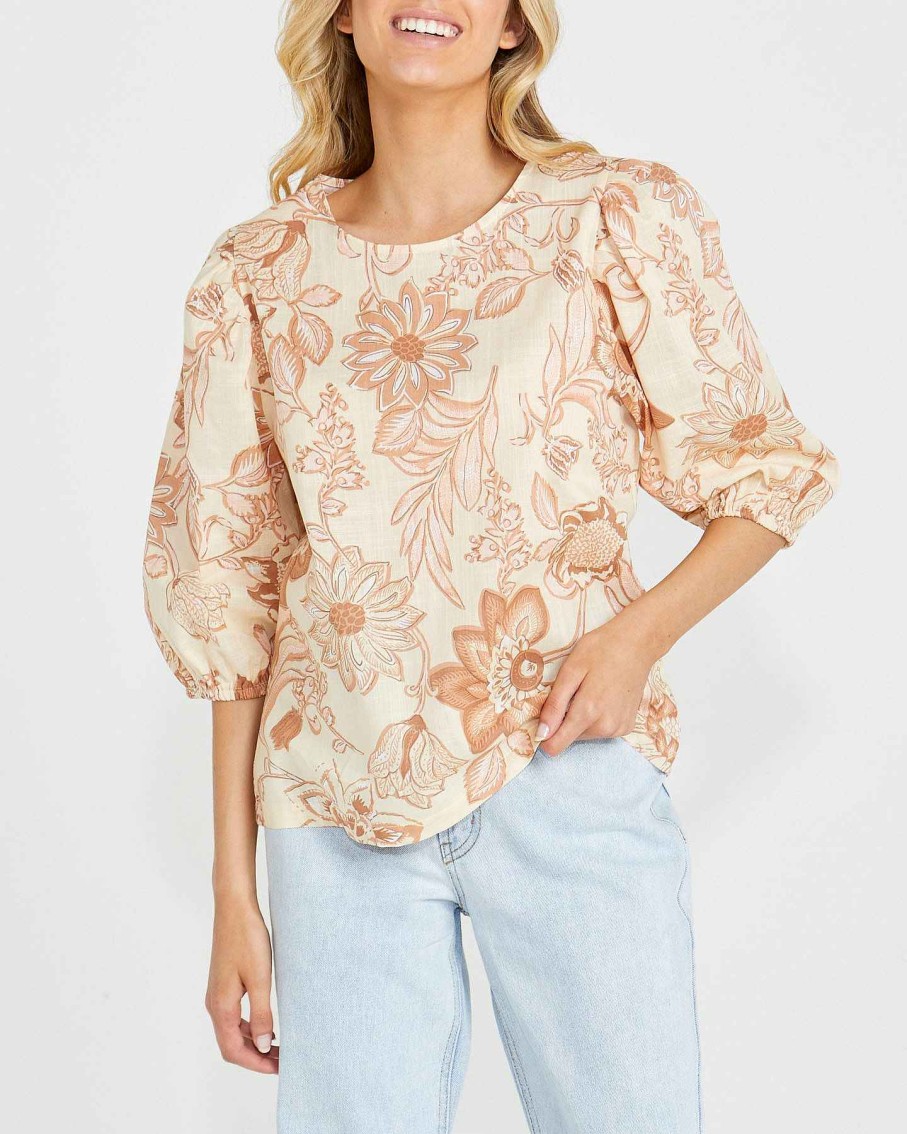 Clothing Sass Clothing | Emelia Balloon Sleeve Top Peach Bloom