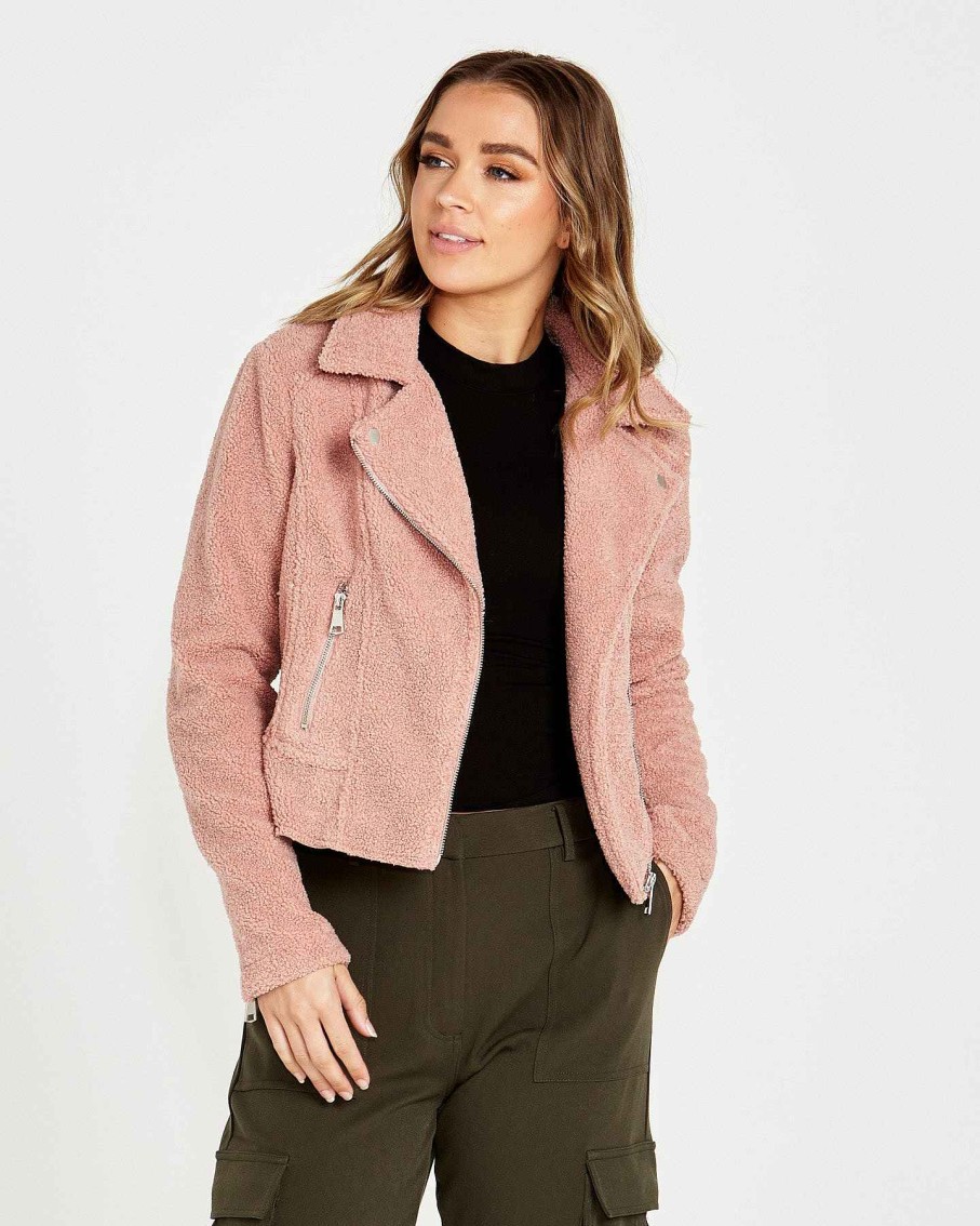 Clothing Sass Clothing | Bea Sherpa Biker Jacket Blush