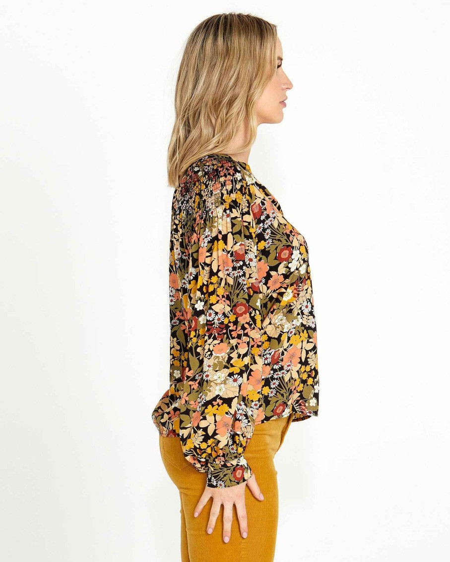 Clothing Sass Clothing | Brigitte Shirred Shoulder Top Winter Floral