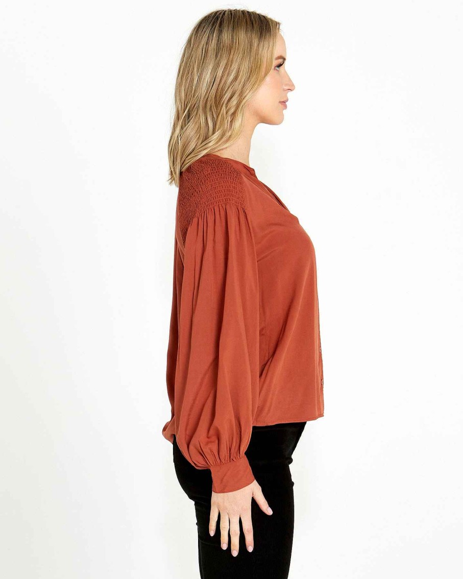 Clothing Sass Clothing | Brigitte Shirred Shoulder Top Chestnut