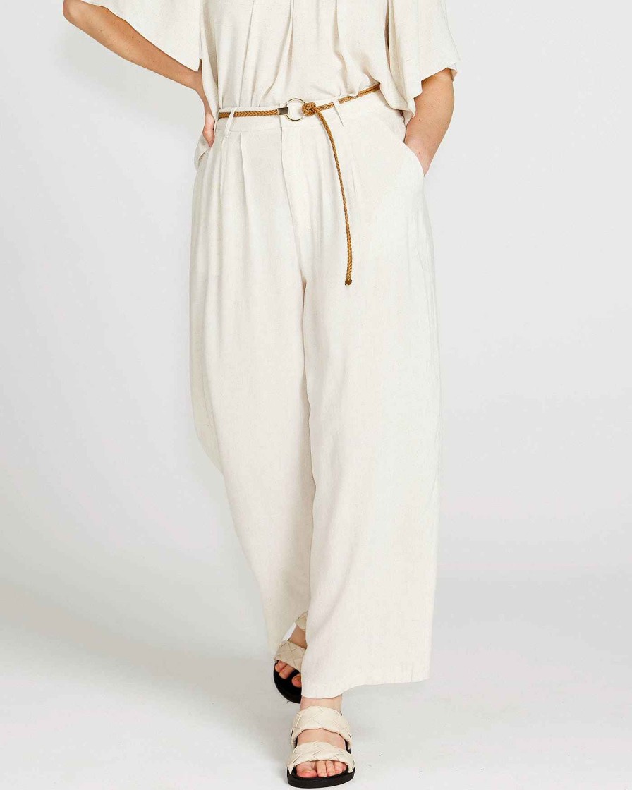 Clothing Sass Clothing | Portia Elasticated Wide Leg Linen-Blend Pants Beige Oatmeal