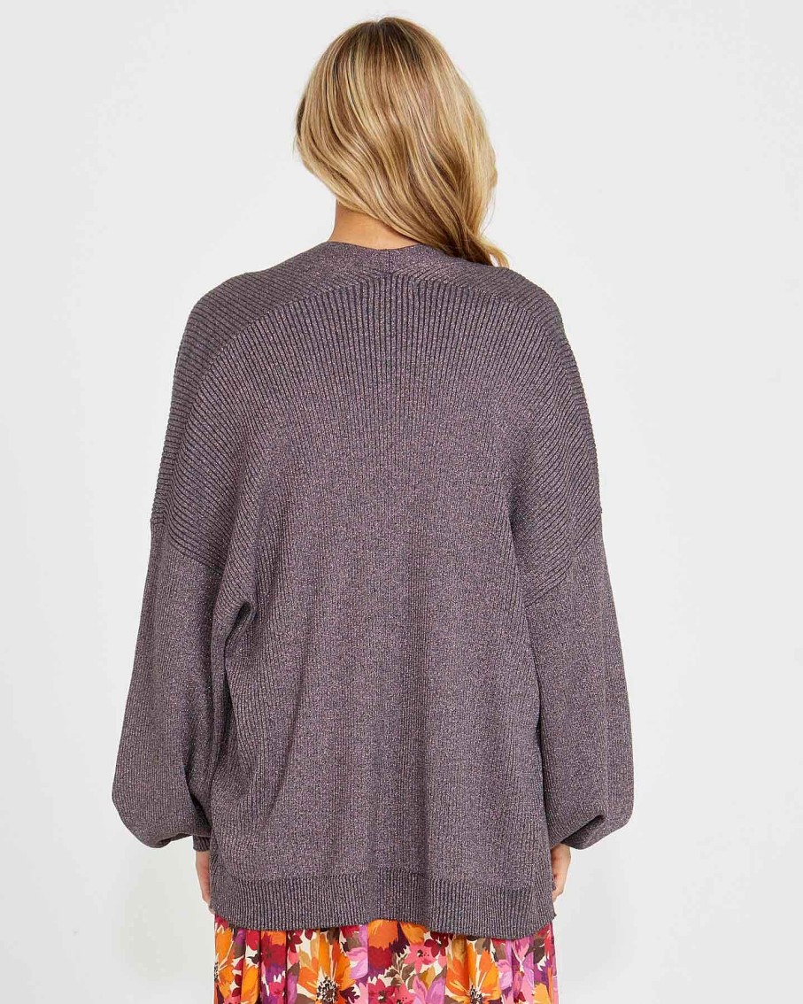 Clothing Sass Clothing | Madeline Lurex Knit Cardi Charcoal Pink