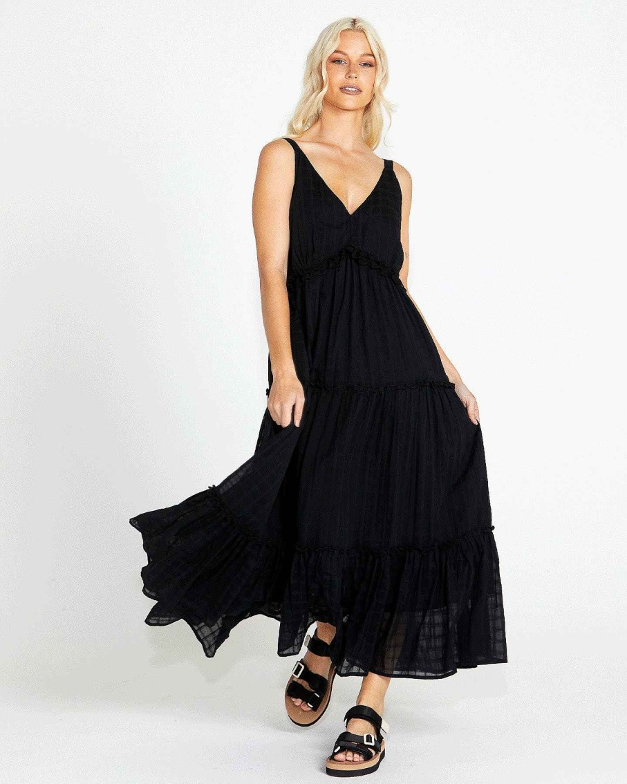 Clothing Sass Clothing | Ruby V-Neck Tiered Cotton Maxi Dress Black