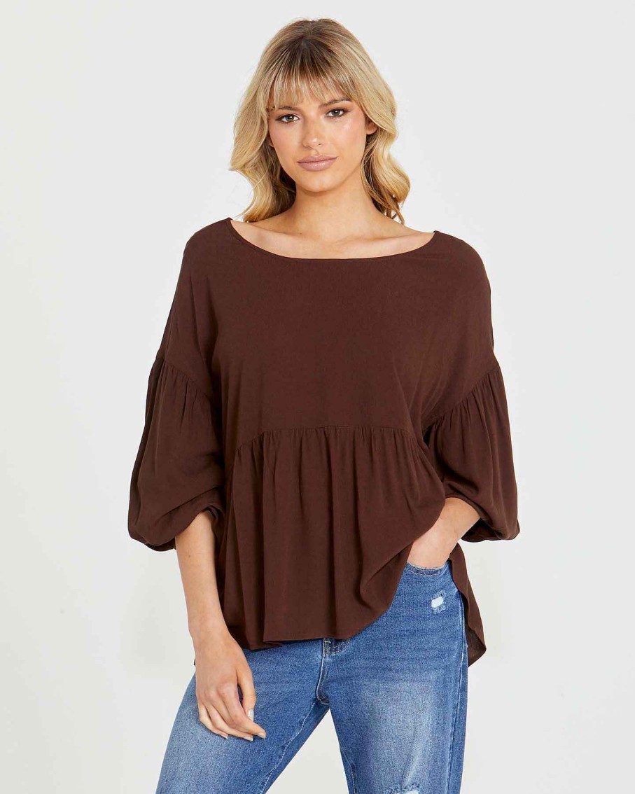 Clothing Sass Clothing | Yasmin Bubble Sleeve Top Chocolate