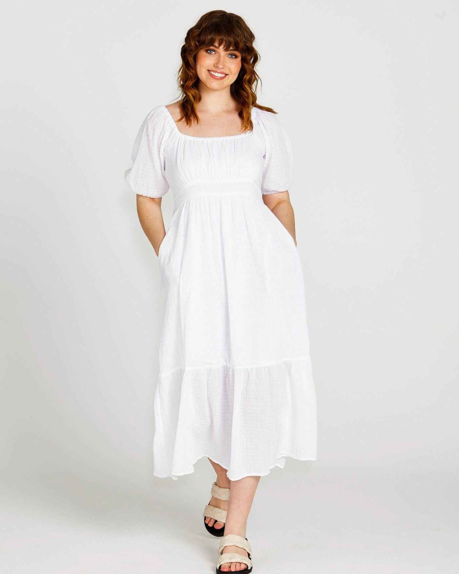 Clothing Sass Clothing | Violet Puff Sleeve Shirred Cotton Midi Dress White