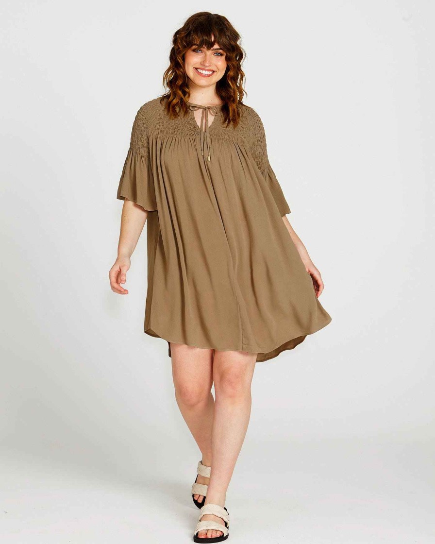 Clothing Sass Clothing | Portia Relaxed Smock Mini Dress Khaki