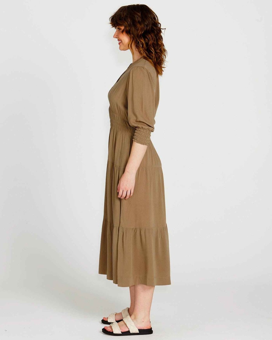 Clothing Sass Clothing | Portia Elastic Waist Tiered Midi Flowy Dress Khaki