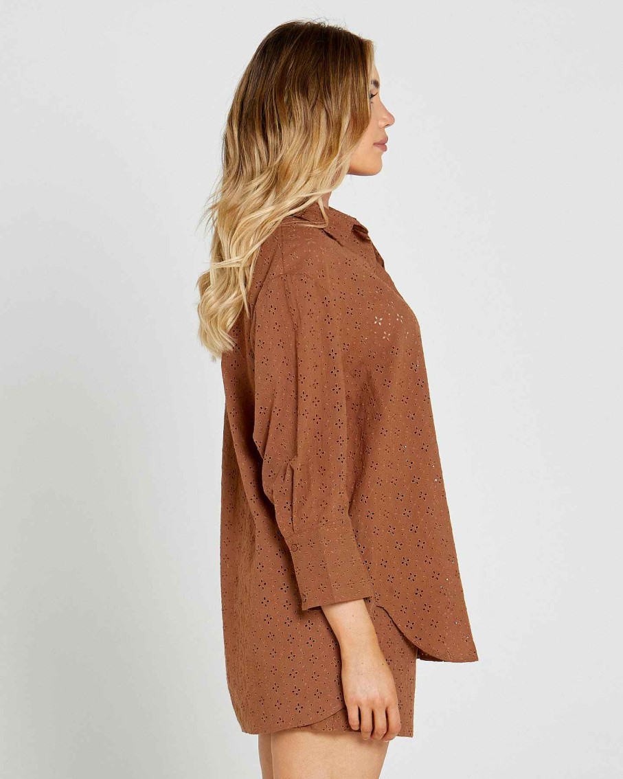 Clothing Sass Clothing | Sofia Oversized Embroidered Shirt Mocha Brown