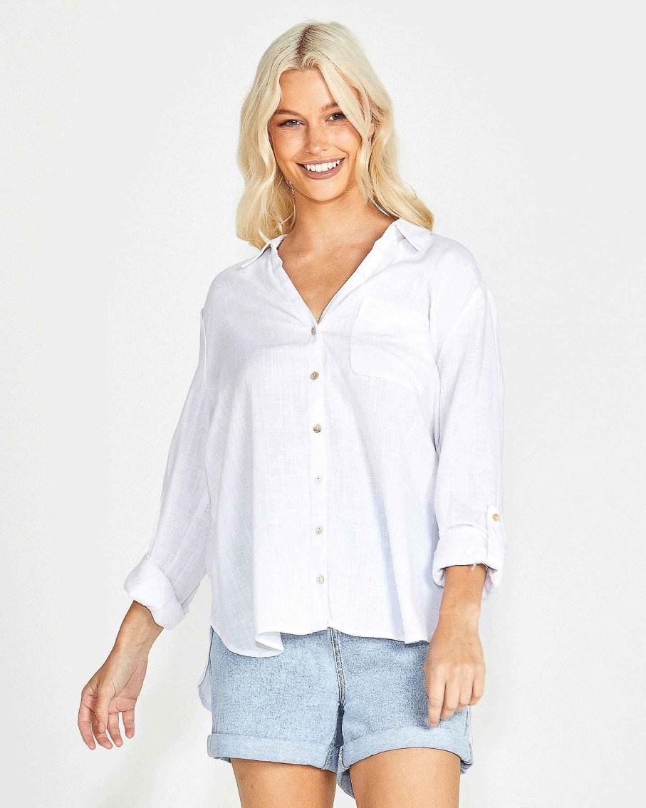 Clothing Sass Clothing | Taylor Long Sleeve Button Up Linen-Blend Shirt White