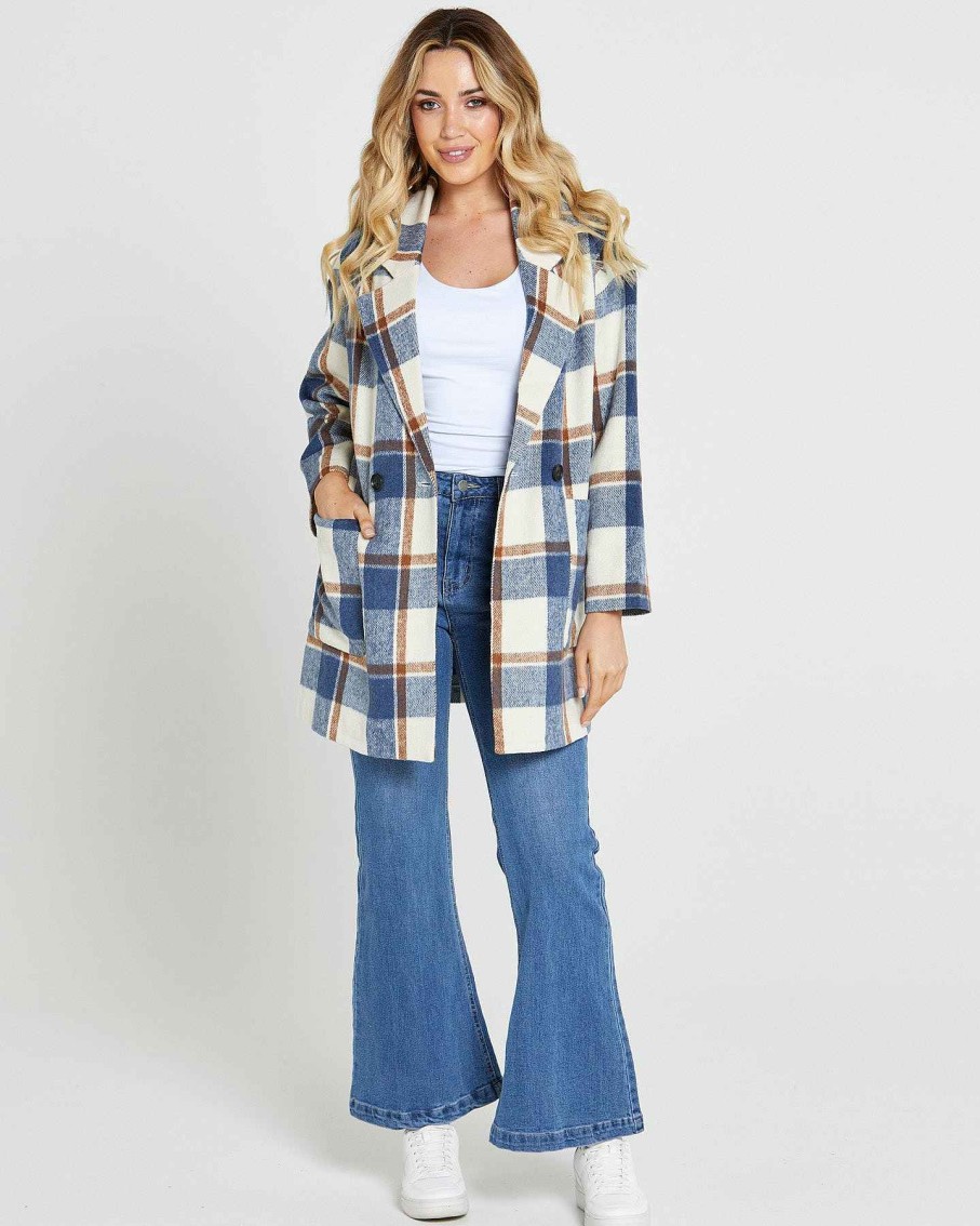 Clothing Sass Clothing | Gracie Check Coat Blue Check