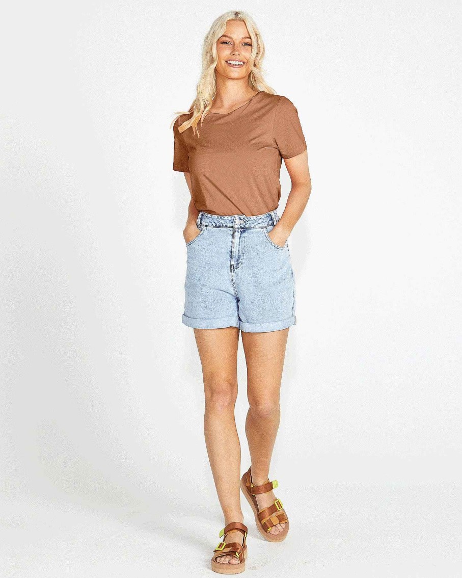 Clothing Sass Clothing | Chloe Stretchy Short Sleeve Round Neck Cotton Basic Tee Brown Chocolate