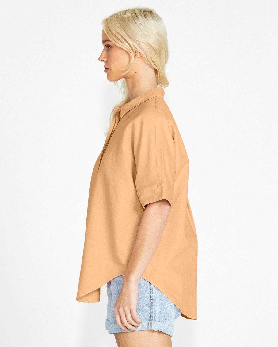 Clothing Sass Clothing | Aria Short Sleeve Button Up Cotton/Linen Shirt Tan