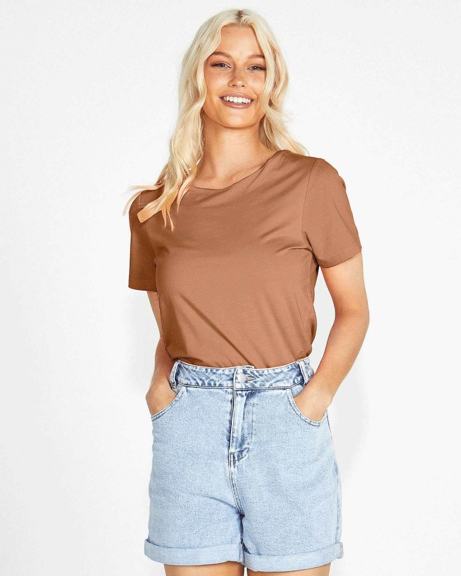 Clothing Sass Clothing | Chloe Stretchy Short Sleeve Round Neck Cotton Basic Tee Brown Chocolate