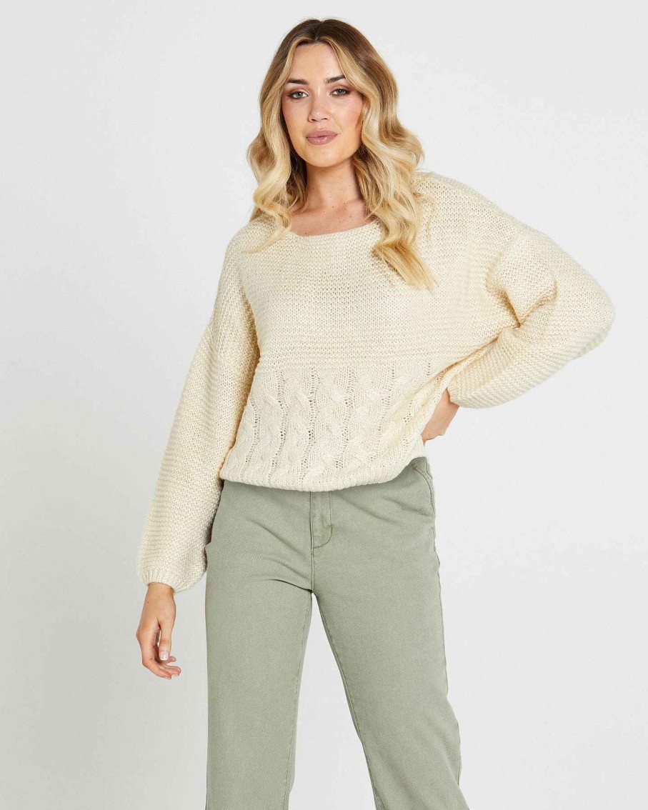 Clothing Sass Clothing | Erin Cable Knit Jumper Cream