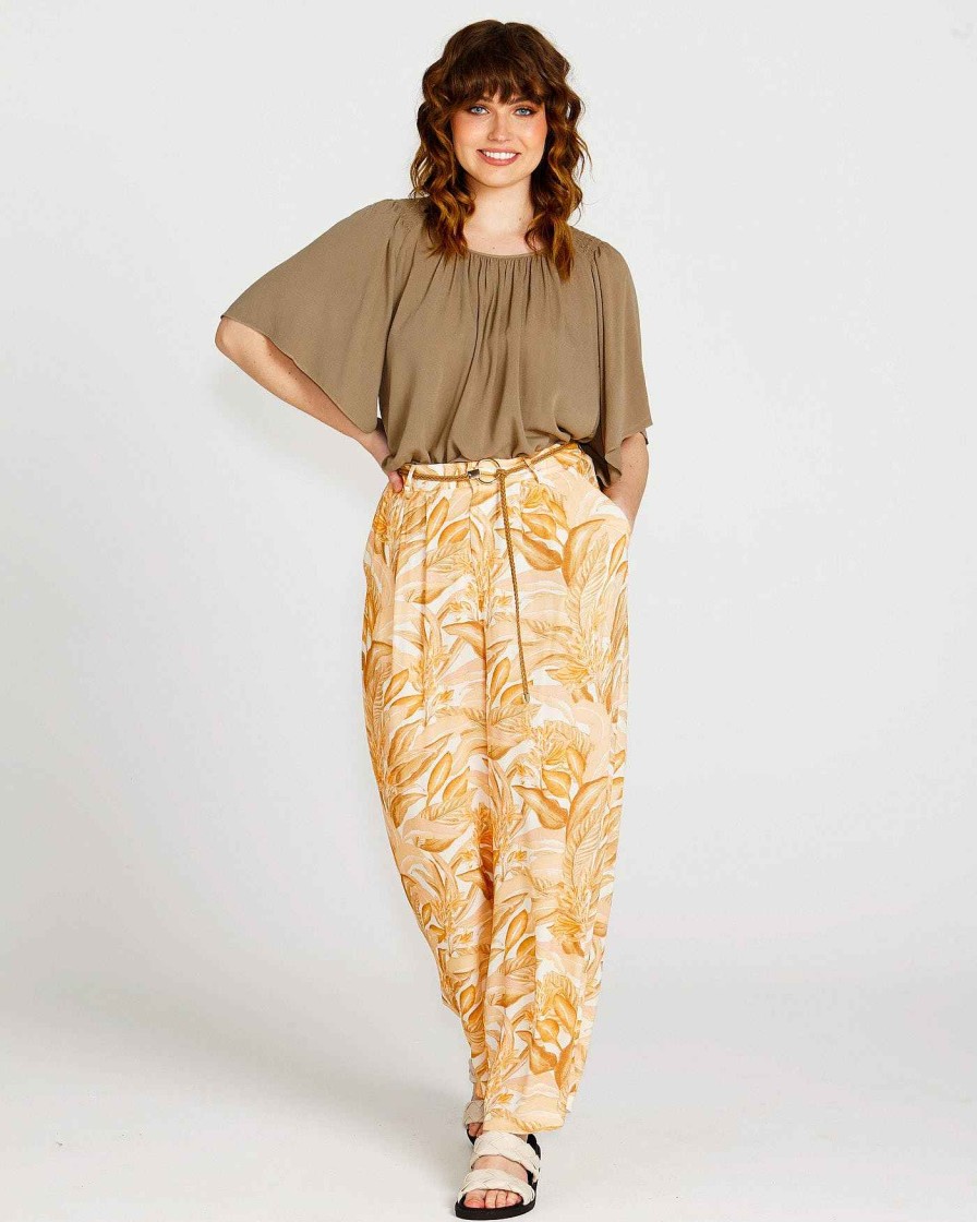 Clothing Sass Clothing | Portia Elasticated Wide Leg Linen-Blend Pants Yellow Palm Springs