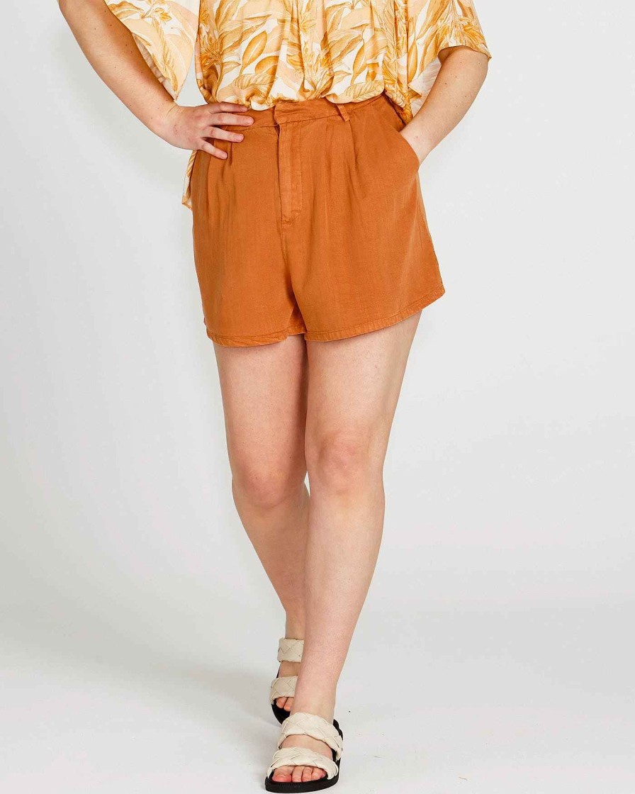 Clothing Sass Clothing | Zahlia High Waisted Relaxed Fit Lyocell Short Sandy Tan