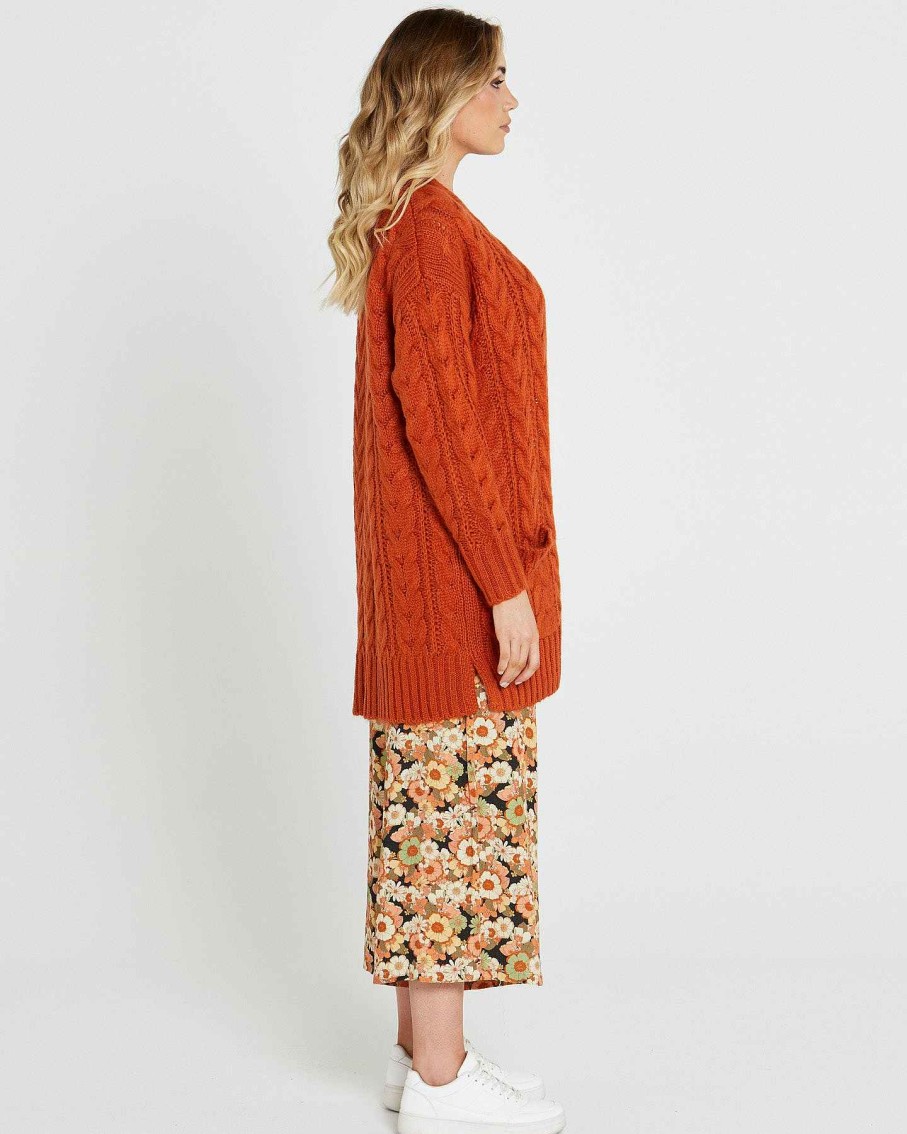 Clothing Sass Clothing | Erin Cable Knit Cardi Burnt Orange