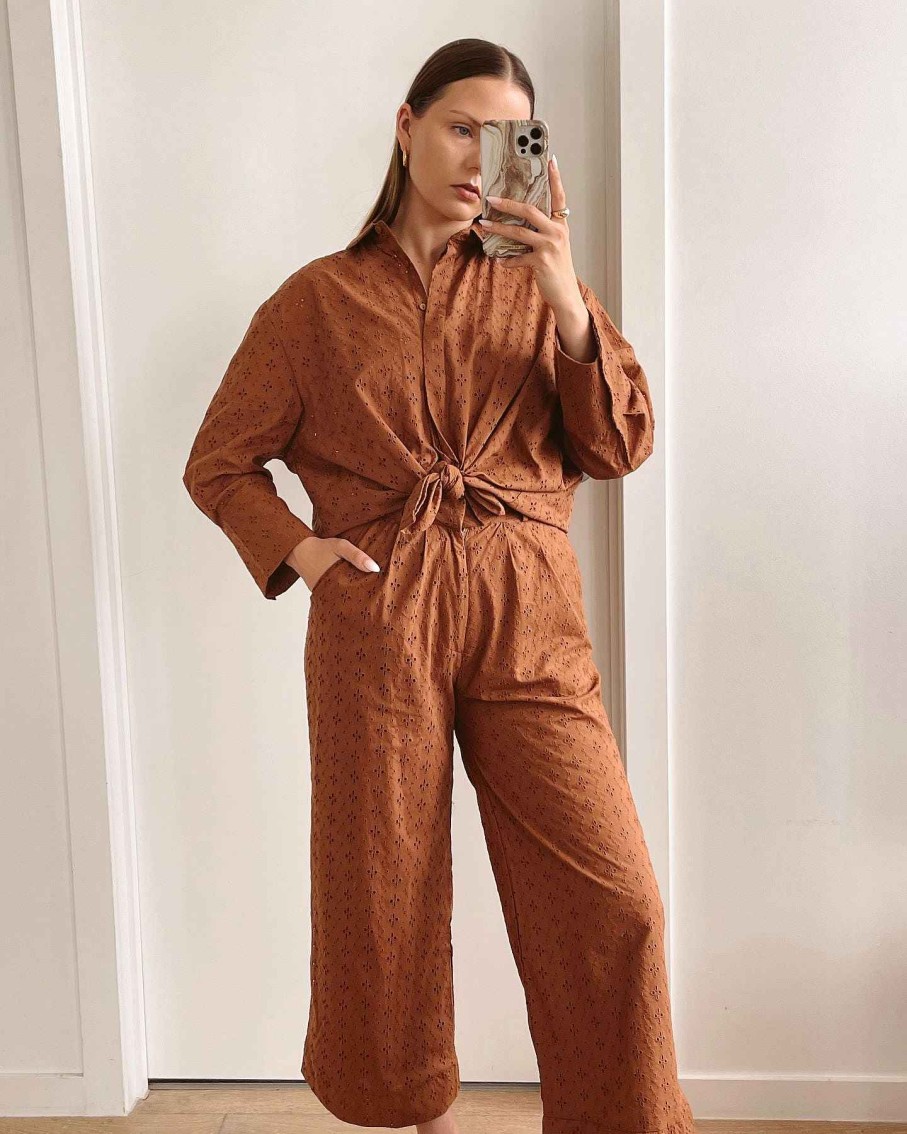 Clothing Sass Clothing | Sofia Oversized Embroidered Shirt Mocha Brown