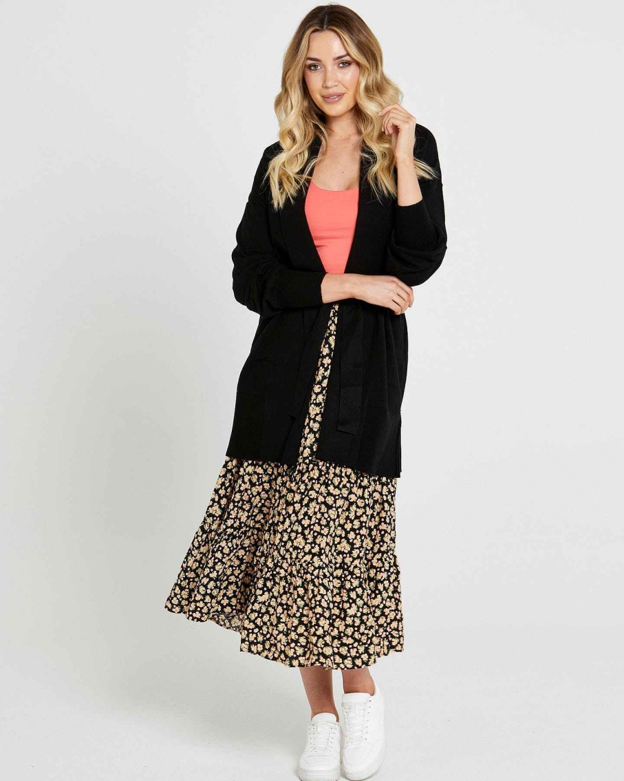 Clothing Sass Clothing | Tabatha Knit Belted Midi Cardi Black