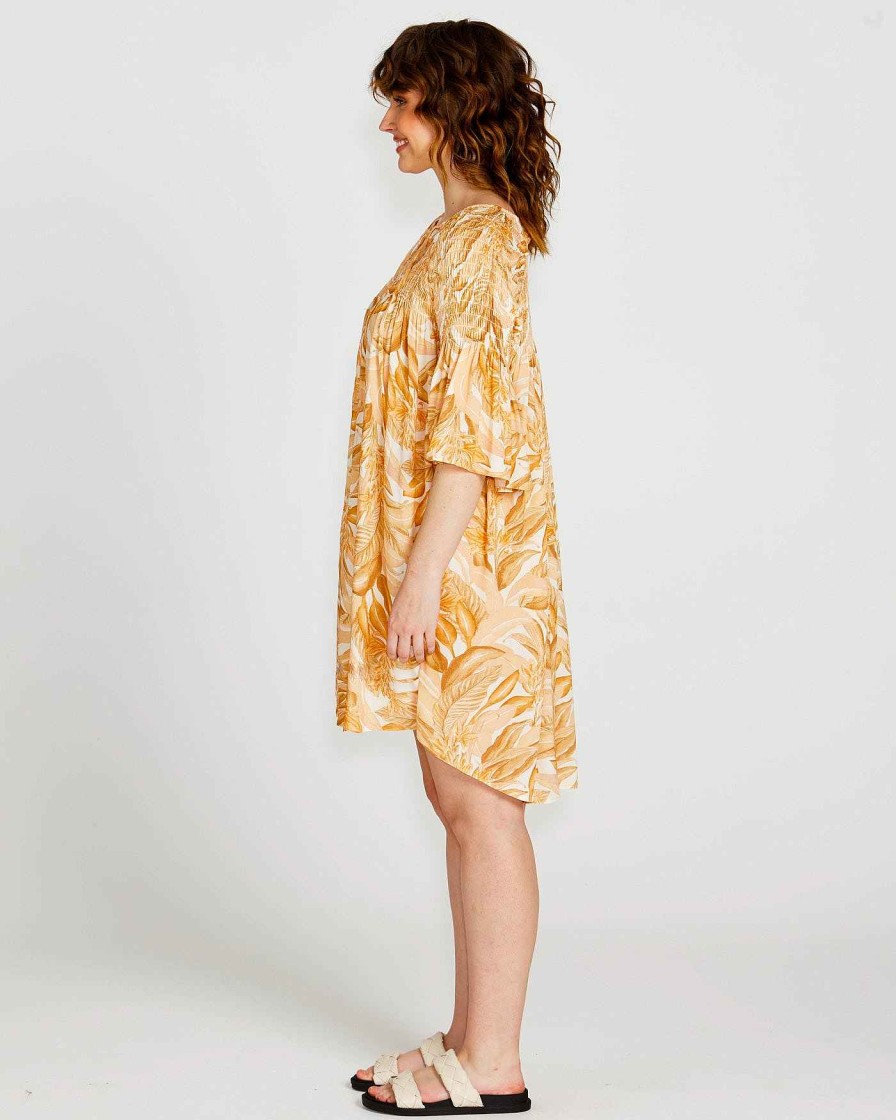 Clothing Sass Clothing | Portia Relaxed Smock Mini Dress - Palm Spring Yellow Palm Springs