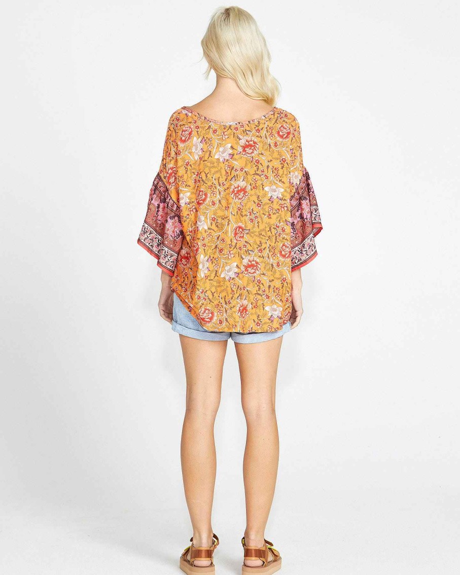 Clothing Sass Clothing | Dawn Shell Oversized Frill Sleeve Boho Top Print In Orange/Pink Batik Paisley