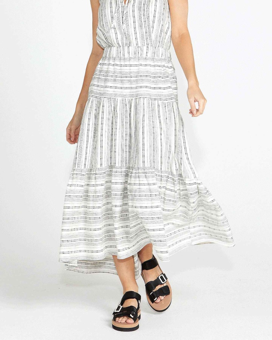 Clothing Sass Clothing | Riley Elastic Waist Tiered Maxi Skirt - White/Black Mono Stripe