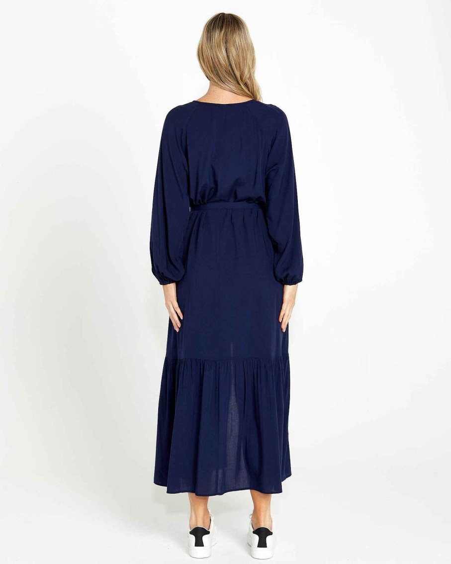 Clothing Sass Clothing | Brigitte Balloon Sleeve Maxi Dress Navy