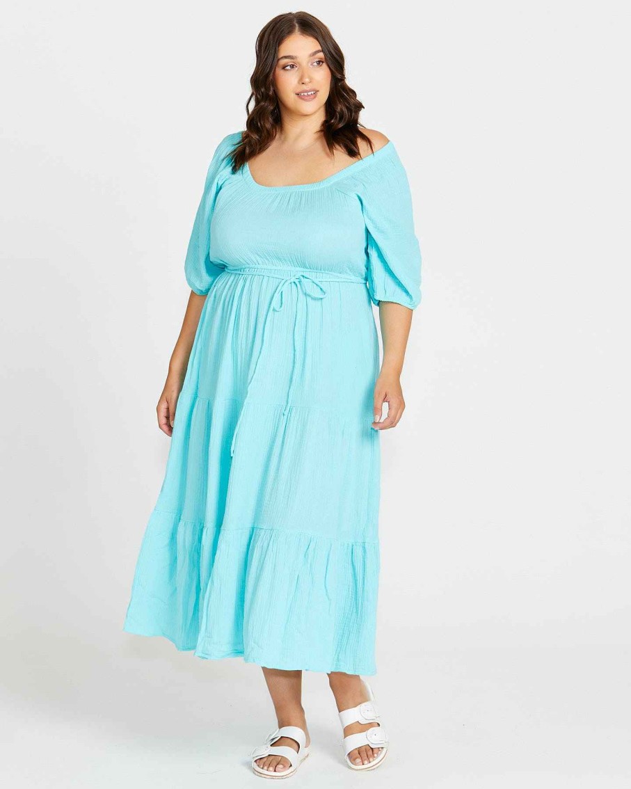 Clothing Sass Clothing | Felix Tiered Midi Dress Aqua