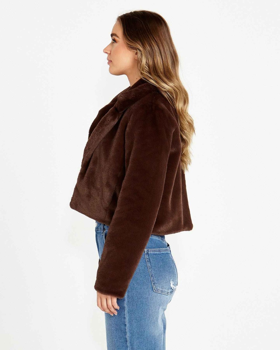 Clothing Sass Clothing | Xanthe Cropped Fur Jacket Chocolate