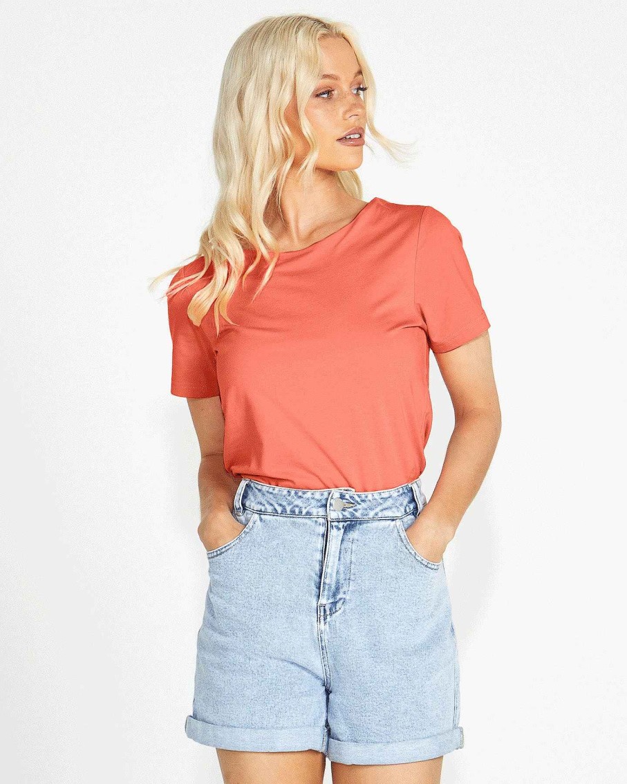 Clothing Sass Clothing | Chloe Stretchy Short Sleeve Round Neck Cotton Basic Tee Pink Melon