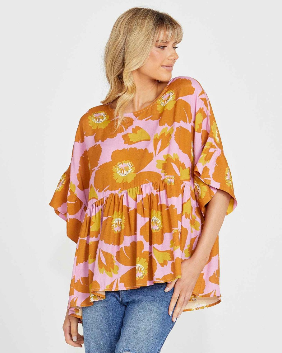 Clothing Sass Clothing | Harper Frill Hem Relaxed Top Pink Floral