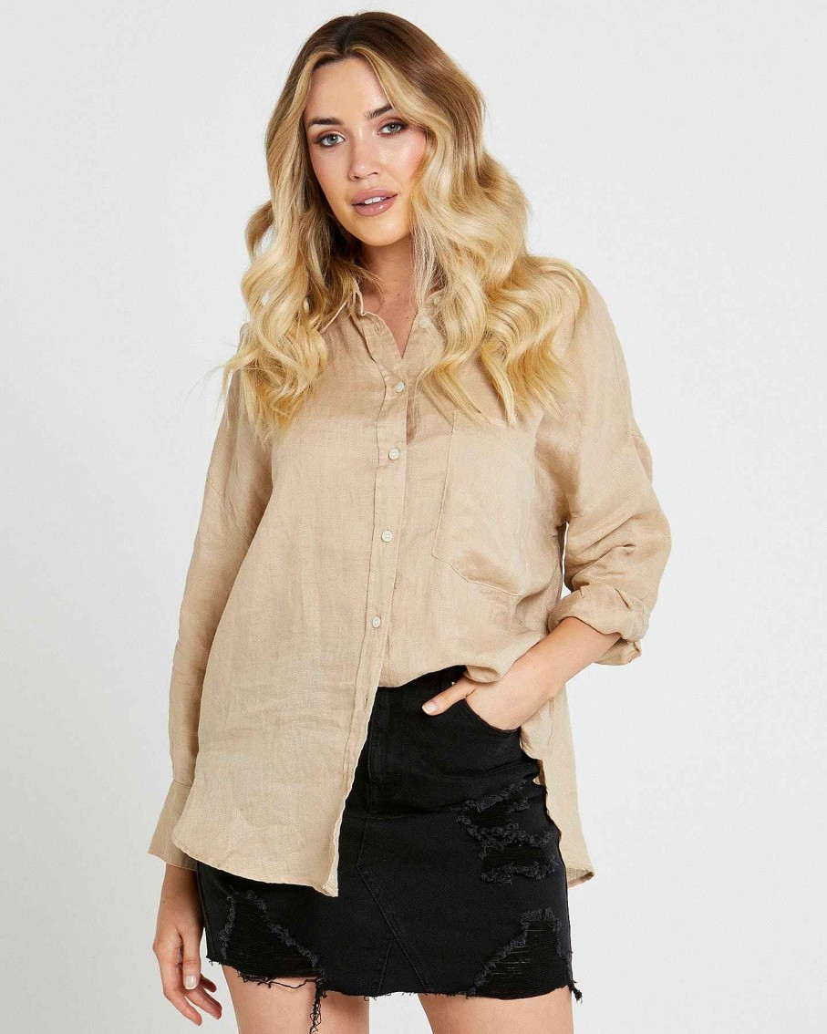 Clothing Sass Clothing | Teresa Linen Oversized Buttondown Shirt Natural