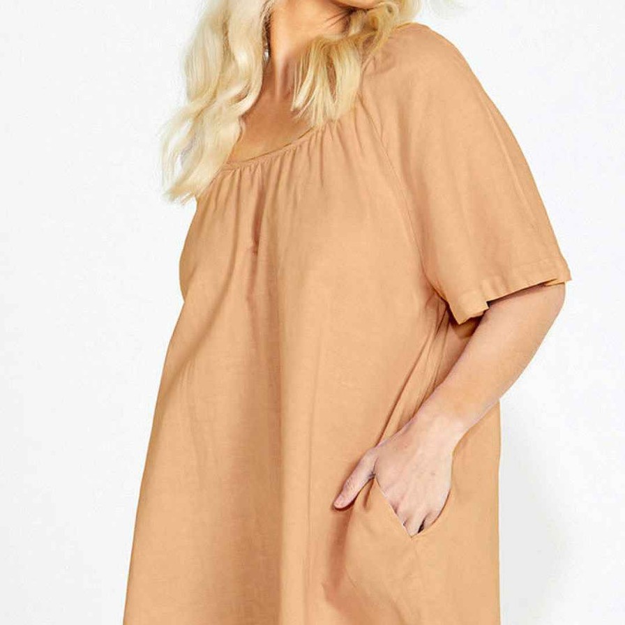 Clothing Sass Clothing | Aria Tie Back Flutter Sleeve Cotton/Linen Mini Dress Tan