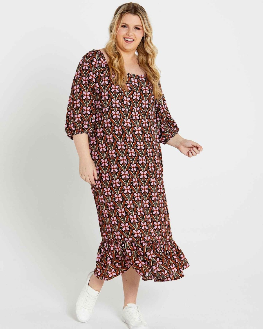 Clothing Sass Clothing | Angela Frill Hem Midi Dress Retro Floral