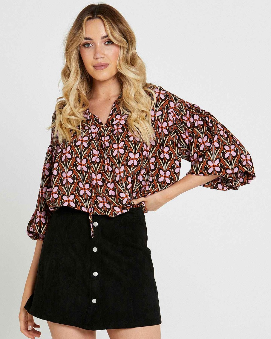 Clothing Sass Clothing | Angela Balloon Sleeve Neck Tie Boho Top Retro Floral