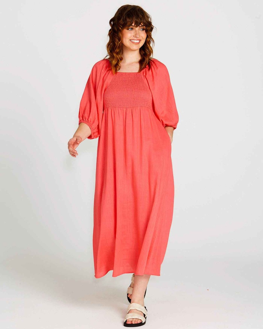 Clothing Sass Clothing | Francesca Puff Sleeve Midi Dress Pink