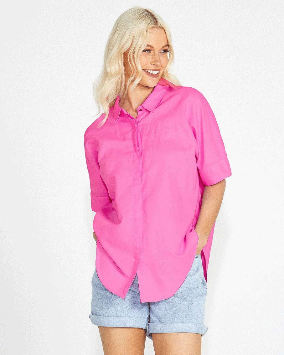 Clothing Sass Clothing | Aria Short Sleeve Button Up Cotton/Linen Shirt Pink