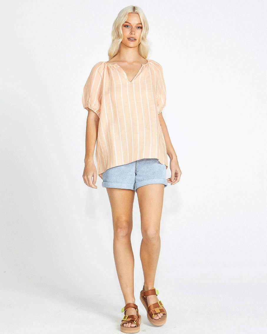 Clothing Sass Clothing | Lydia Short Sleeve Peasant Shell Linen-Blend Top Peach Stripe