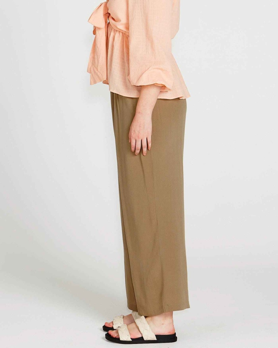 Clothing Sass Clothing | Portia Elasticated Wide Leg Linen-Blend Pants Khaki