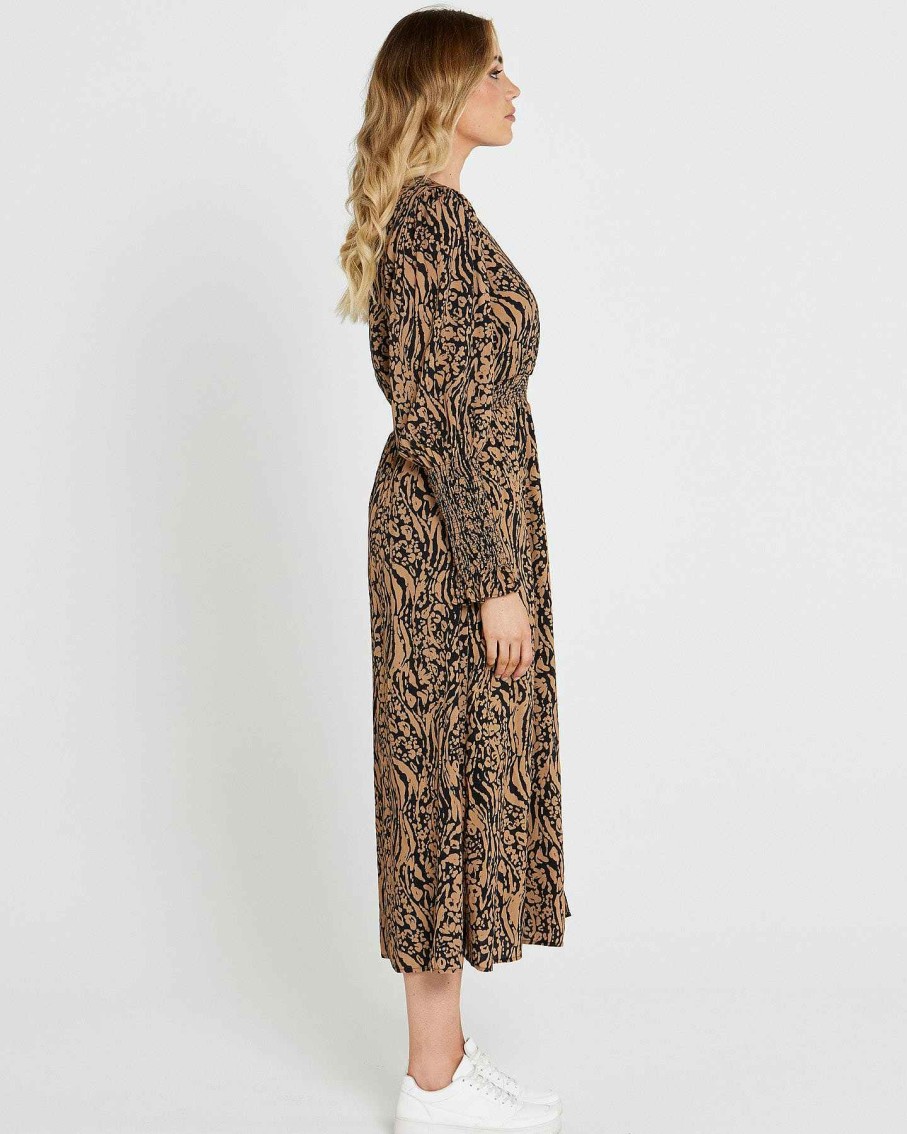 Clothing Sass Clothing | Luna Balloon Sleeve Midi Dress With Leg Split Tan Animal