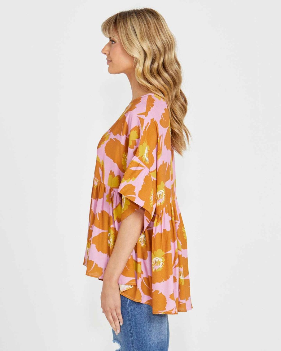 Clothing Sass Clothing | Harper Frill Hem Relaxed Top Pink Floral