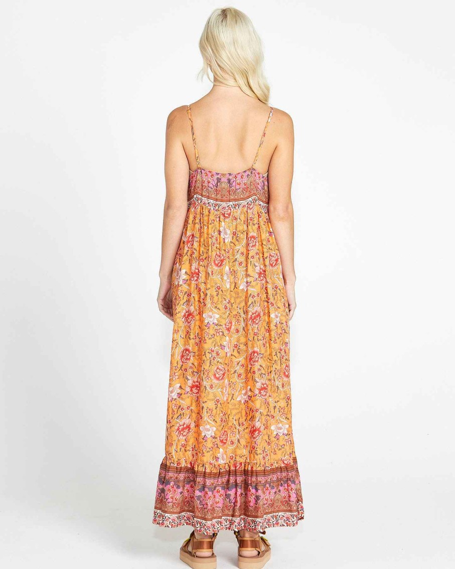 Clothing Sass Clothing | Dawn Bodice Boho Gypsy Floral Print Maxi Dress In Orange/Pink Batik Paisley