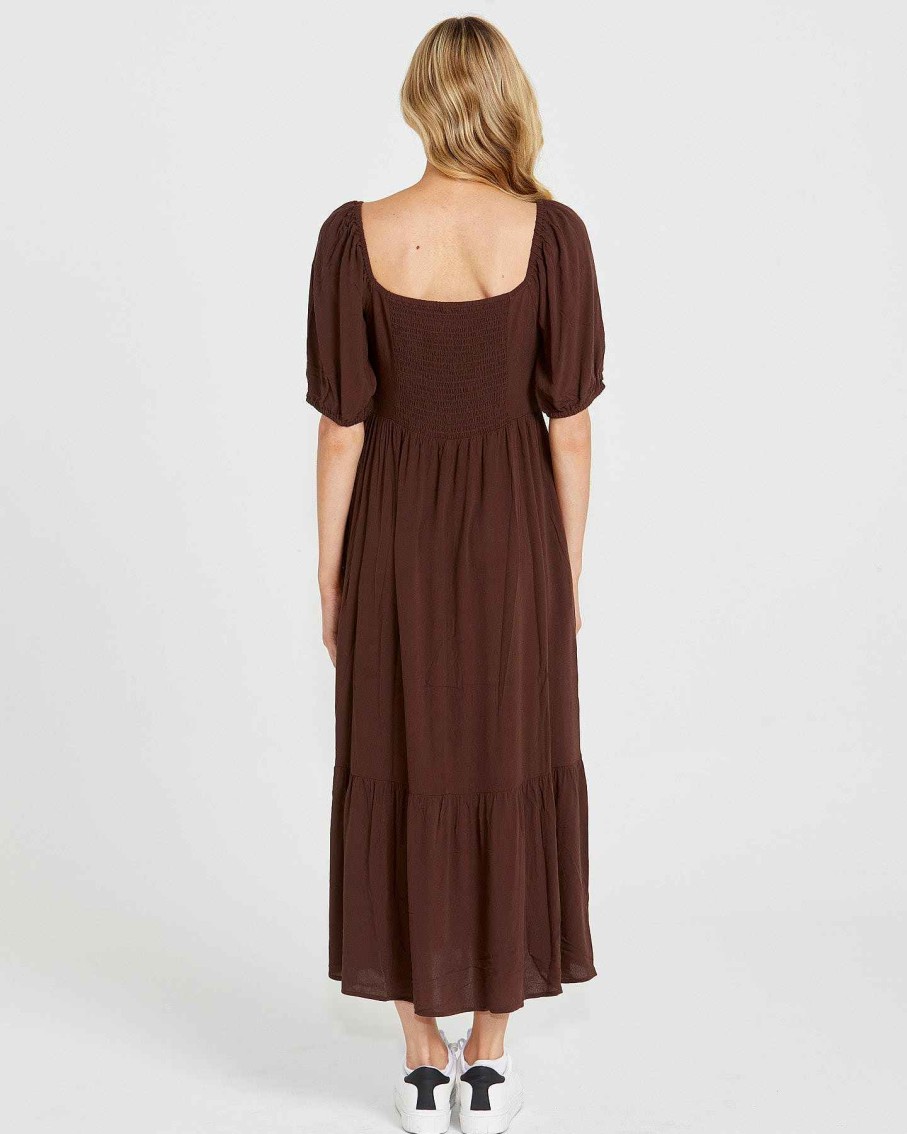 Clothing Sass Clothing | Yasmin Frill Hem Midi Dress Chocolate