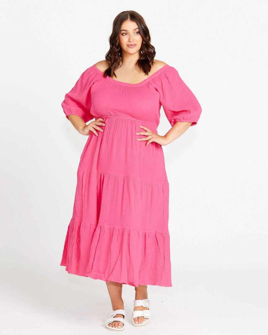 Clothing Sass Clothing | Felix Tiered Midi Dress Pink