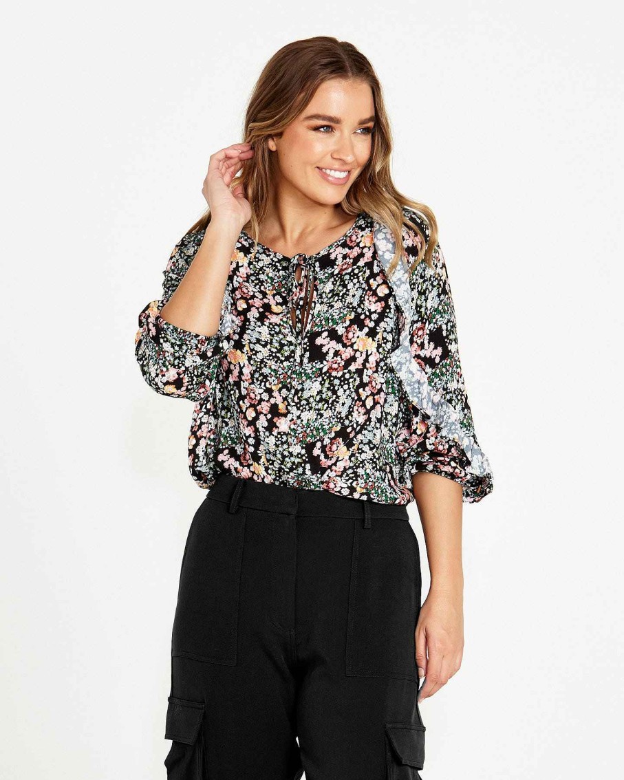 Clothing Sass Clothing | June 3/4 Ruffle Sleeve Top Patchwork Floral