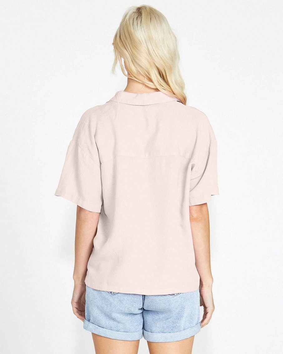 Clothing Sass Clothing | Selena Short Sleeve Button Up Linen-Blend Shirt Pink Blush