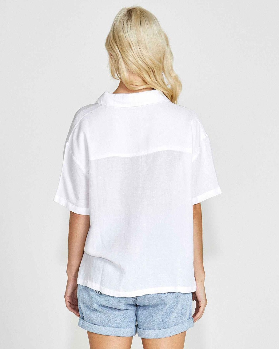 Clothing Sass Clothing | Selena Short Sleeve Button Up Linen-Blend Shirt White