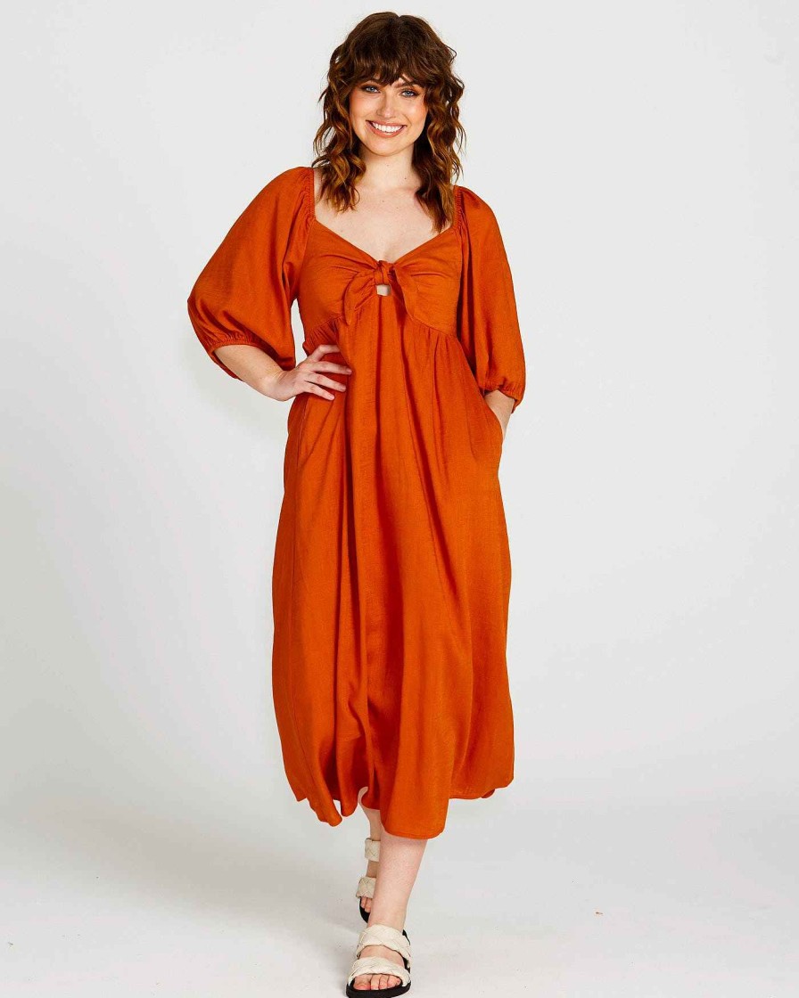 Clothing Sass Clothing | Francesca Puff Sleeve Midi Dress Rust