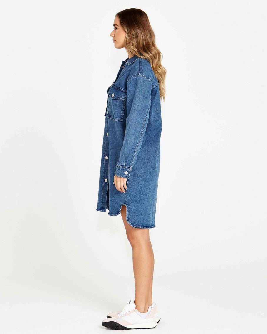 Clothing Sass Clothing | Nya Long Denim Shacket 80 Wash